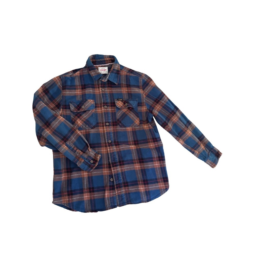 Wrangler Men's Blue Brown Plaid Flannel Size M Long Sleeve Western Workwear